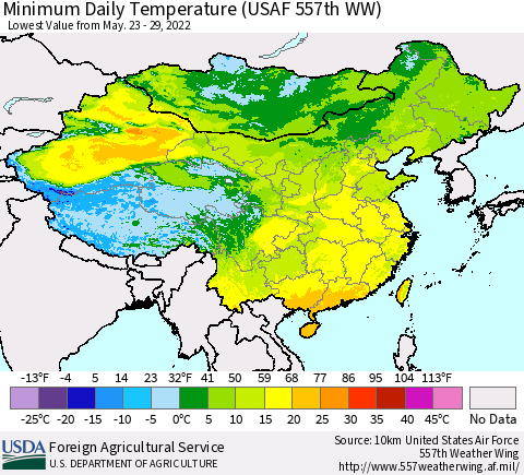 China, Mongolia and Taiwan Minimum Daily Temperature (USAF 557th WW) Thematic Map For 5/23/2022 - 5/29/2022