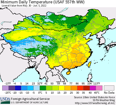 China, Mongolia and Taiwan Minimum Daily Temperature (USAF 557th WW) Thematic Map For 5/30/2022 - 6/5/2022