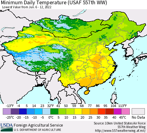 China, Mongolia and Taiwan Minimum Daily Temperature (USAF 557th WW) Thematic Map For 6/6/2022 - 6/12/2022