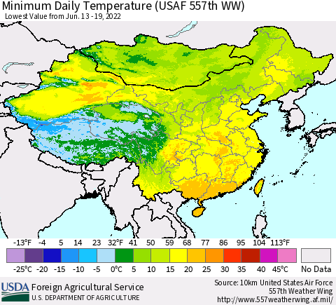 China, Mongolia and Taiwan Minimum Daily Temperature (USAF 557th WW) Thematic Map For 6/13/2022 - 6/19/2022
