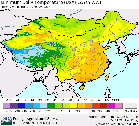 China, Mongolia and Taiwan Minimum Daily Temperature (USAF 557th WW) Thematic Map For 6/20/2022 - 6/26/2022