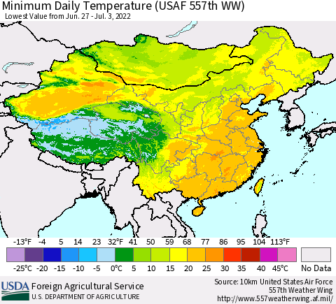 China, Mongolia and Taiwan Minimum Daily Temperature (USAF 557th WW) Thematic Map For 6/27/2022 - 7/3/2022
