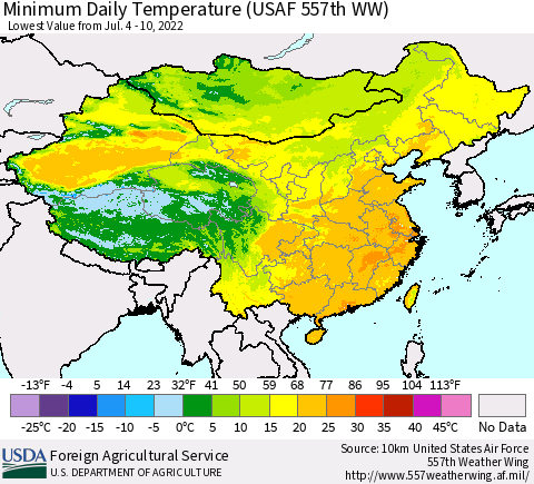 China, Mongolia and Taiwan Minimum Daily Temperature (USAF 557th WW) Thematic Map For 7/4/2022 - 7/10/2022