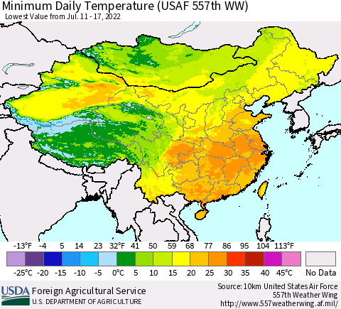 China, Mongolia and Taiwan Minimum Daily Temperature (USAF 557th WW) Thematic Map For 7/11/2022 - 7/17/2022