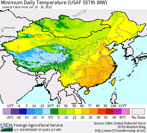 China, Mongolia and Taiwan Minimum Daily Temperature (USAF 557th WW) Thematic Map For 7/18/2022 - 7/24/2022