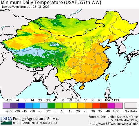 China, Mongolia and Taiwan Minimum Daily Temperature (USAF 557th WW) Thematic Map For 7/25/2022 - 7/31/2022