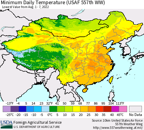 China, Mongolia and Taiwan Minimum Daily Temperature (USAF 557th WW) Thematic Map For 8/1/2022 - 8/7/2022