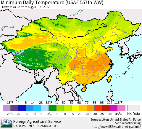 China, Mongolia and Taiwan Minimum Daily Temperature (USAF 557th WW) Thematic Map For 8/8/2022 - 8/14/2022