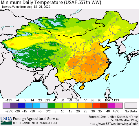 China, Mongolia and Taiwan Minimum Daily Temperature (USAF 557th WW) Thematic Map For 8/15/2022 - 8/21/2022