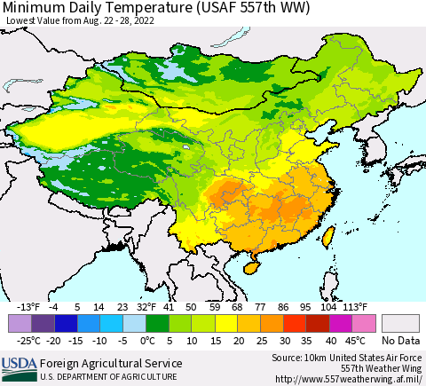 China, Mongolia and Taiwan Minimum Daily Temperature (USAF 557th WW) Thematic Map For 8/22/2022 - 8/28/2022