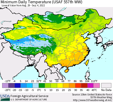 China, Mongolia and Taiwan Minimum Daily Temperature (USAF 557th WW) Thematic Map For 8/29/2022 - 9/4/2022
