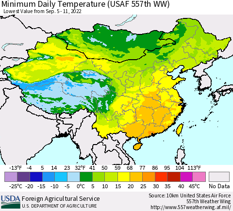China, Mongolia and Taiwan Minimum Daily Temperature (USAF 557th WW) Thematic Map For 9/5/2022 - 9/11/2022