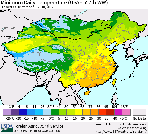 China, Mongolia and Taiwan Minimum Daily Temperature (USAF 557th WW) Thematic Map For 9/12/2022 - 9/18/2022