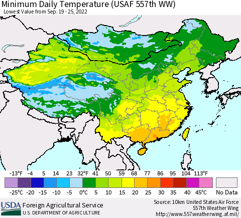 China, Mongolia and Taiwan Minimum Daily Temperature (USAF 557th WW) Thematic Map For 9/19/2022 - 9/25/2022