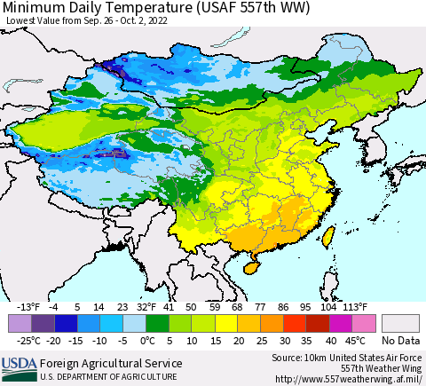 China, Mongolia and Taiwan Minimum Daily Temperature (USAF 557th WW) Thematic Map For 9/26/2022 - 10/2/2022