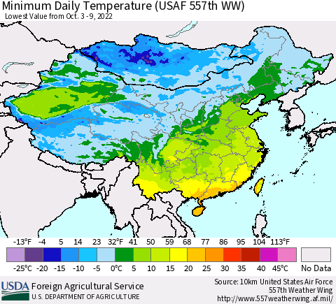 China, Mongolia and Taiwan Minimum Daily Temperature (USAF 557th WW) Thematic Map For 10/3/2022 - 10/9/2022