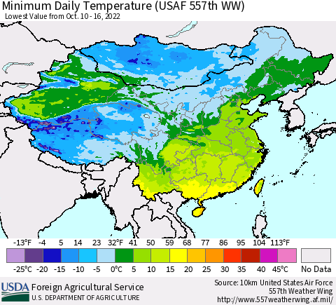 China, Mongolia and Taiwan Minimum Daily Temperature (USAF 557th WW) Thematic Map For 10/10/2022 - 10/16/2022