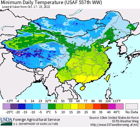 China, Mongolia and Taiwan Minimum Daily Temperature (USAF 557th WW) Thematic Map For 10/17/2022 - 10/23/2022