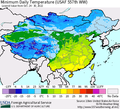 China, Mongolia and Taiwan Minimum Daily Temperature (USAF 557th WW) Thematic Map For 10/24/2022 - 10/30/2022