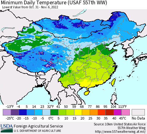 China, Mongolia and Taiwan Minimum Daily Temperature (USAF 557th WW) Thematic Map For 10/31/2022 - 11/6/2022