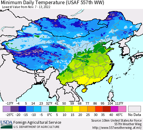 China, Mongolia and Taiwan Minimum Daily Temperature (USAF 557th WW) Thematic Map For 11/7/2022 - 11/13/2022