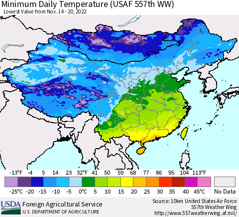 China, Mongolia and Taiwan Minimum Daily Temperature (USAF 557th WW) Thematic Map For 11/14/2022 - 11/20/2022
