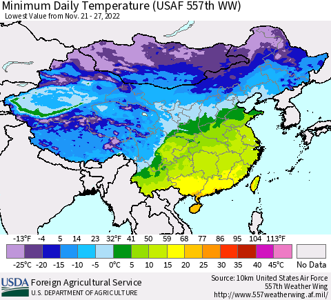 China, Mongolia and Taiwan Minimum Daily Temperature (USAF 557th WW) Thematic Map For 11/21/2022 - 11/27/2022