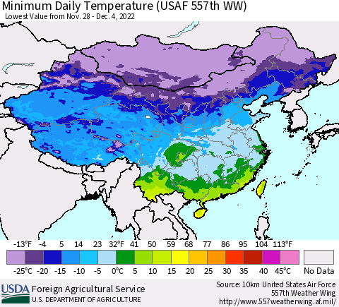 China, Mongolia and Taiwan Minimum Daily Temperature (USAF 557th WW) Thematic Map For 11/28/2022 - 12/4/2022