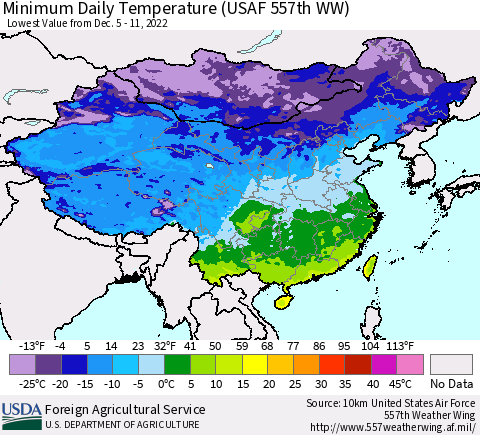 China, Mongolia and Taiwan Minimum Daily Temperature (USAF 557th WW) Thematic Map For 12/5/2022 - 12/11/2022