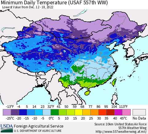 China, Mongolia and Taiwan Minimum Daily Temperature (USAF 557th WW) Thematic Map For 12/12/2022 - 12/18/2022
