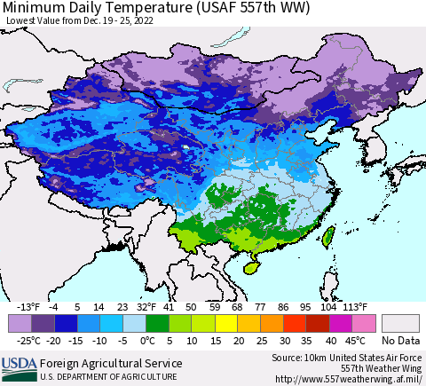 China, Mongolia and Taiwan Minimum Daily Temperature (USAF 557th WW) Thematic Map For 12/19/2022 - 12/25/2022