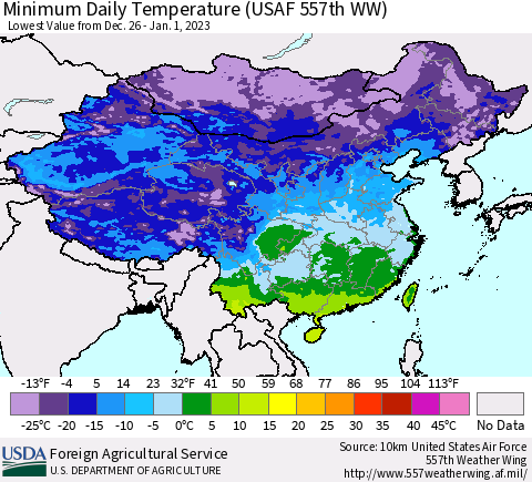 China, Mongolia and Taiwan Minimum Daily Temperature (USAF 557th WW) Thematic Map For 12/26/2022 - 1/1/2023