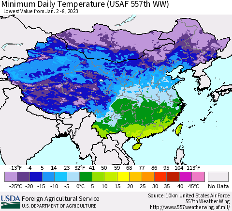 China, Mongolia and Taiwan Minimum Daily Temperature (USAF 557th WW) Thematic Map For 1/2/2023 - 1/8/2023