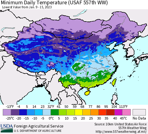 China, Mongolia and Taiwan Minimum Daily Temperature (USAF 557th WW) Thematic Map For 1/9/2023 - 1/15/2023