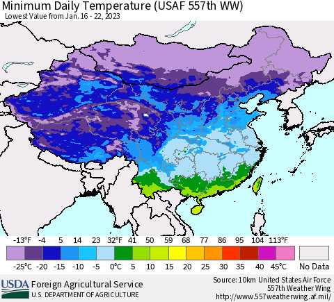 China, Mongolia and Taiwan Minimum Daily Temperature (USAF 557th WW) Thematic Map For 1/16/2023 - 1/22/2023