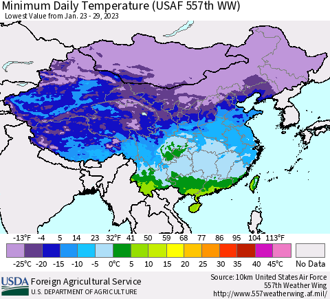 China, Mongolia and Taiwan Minimum Daily Temperature (USAF 557th WW) Thematic Map For 1/23/2023 - 1/29/2023