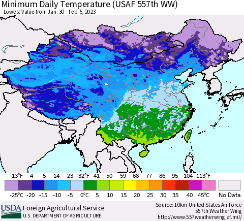 China, Mongolia and Taiwan Minimum Daily Temperature (USAF 557th WW) Thematic Map For 1/30/2023 - 2/5/2023