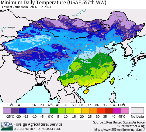 China, Mongolia and Taiwan Minimum Daily Temperature (USAF 557th WW) Thematic Map For 2/6/2023 - 2/12/2023