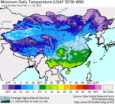 China, Mongolia and Taiwan Minimum Daily Temperature (USAF 557th WW) Thematic Map For 2/13/2023 - 2/19/2023