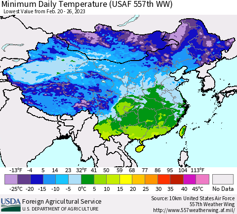 China, Mongolia and Taiwan Minimum Daily Temperature (USAF 557th WW) Thematic Map For 2/20/2023 - 2/26/2023