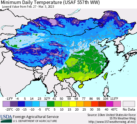 China, Mongolia and Taiwan Minimum Daily Temperature (USAF 557th WW) Thematic Map For 2/27/2023 - 3/5/2023