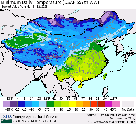 China, Mongolia and Taiwan Minimum Daily Temperature (USAF 557th WW) Thematic Map For 3/6/2023 - 3/12/2023