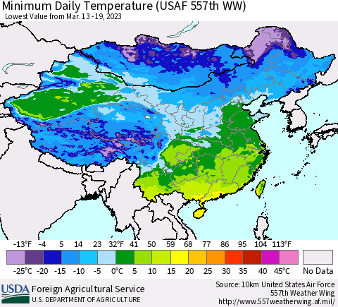 China, Mongolia and Taiwan Minimum Daily Temperature (USAF 557th WW) Thematic Map For 3/13/2023 - 3/19/2023