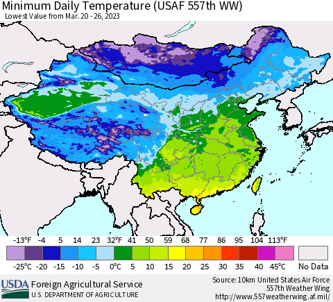 China, Mongolia and Taiwan Minimum Daily Temperature (USAF 557th WW) Thematic Map For 3/20/2023 - 3/26/2023