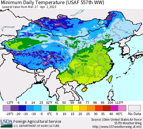 China, Mongolia and Taiwan Minimum Daily Temperature (USAF 557th WW) Thematic Map For 3/27/2023 - 4/2/2023