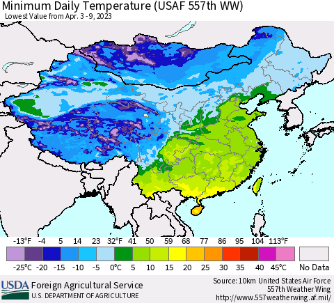 China, Mongolia and Taiwan Minimum Daily Temperature (USAF 557th WW) Thematic Map For 4/3/2023 - 4/9/2023