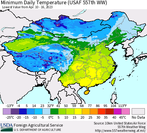 China, Mongolia and Taiwan Minimum Daily Temperature (USAF 557th WW) Thematic Map For 4/10/2023 - 4/16/2023
