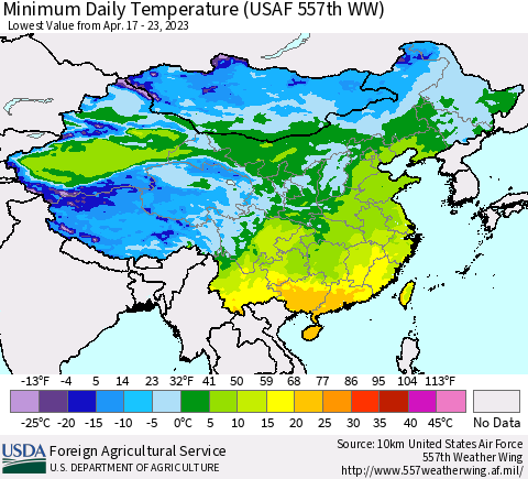 China, Mongolia and Taiwan Minimum Daily Temperature (USAF 557th WW) Thematic Map For 4/17/2023 - 4/23/2023