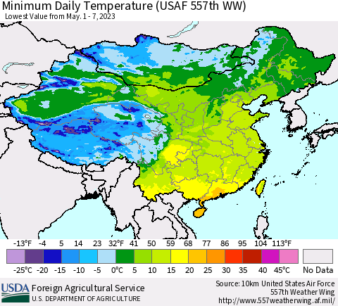 China, Mongolia and Taiwan Minimum Daily Temperature (USAF 557th WW) Thematic Map For 5/1/2023 - 5/7/2023