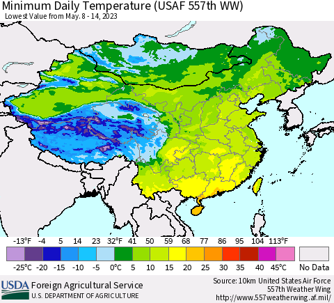 China, Mongolia and Taiwan Minimum Daily Temperature (USAF 557th WW) Thematic Map For 5/8/2023 - 5/14/2023